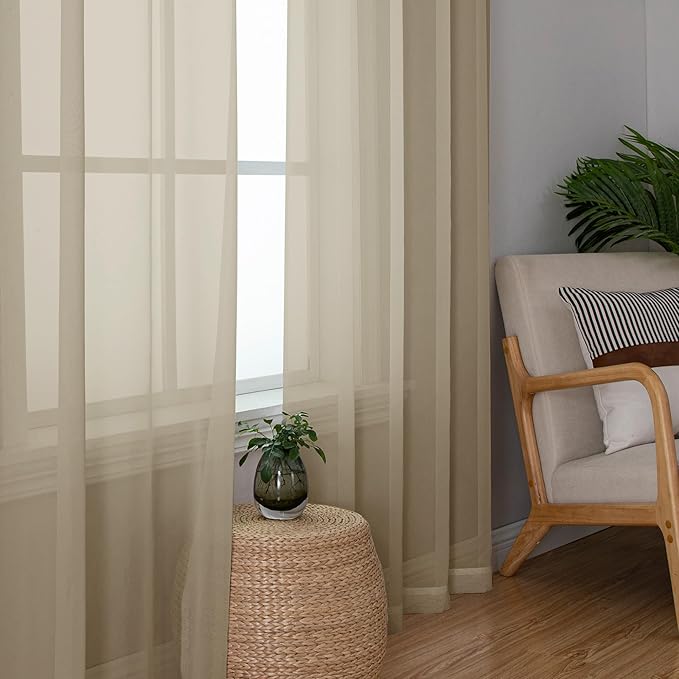 Lecloud Taupe Sheer Curtains 96 Inches Long 2 Panels, Modern Voile Solid Breathable Curtains, Transparent Farmhouse Home Decor with Dual Rod Pocket for Living Room Bedroom, Each 42" W x 96" L
