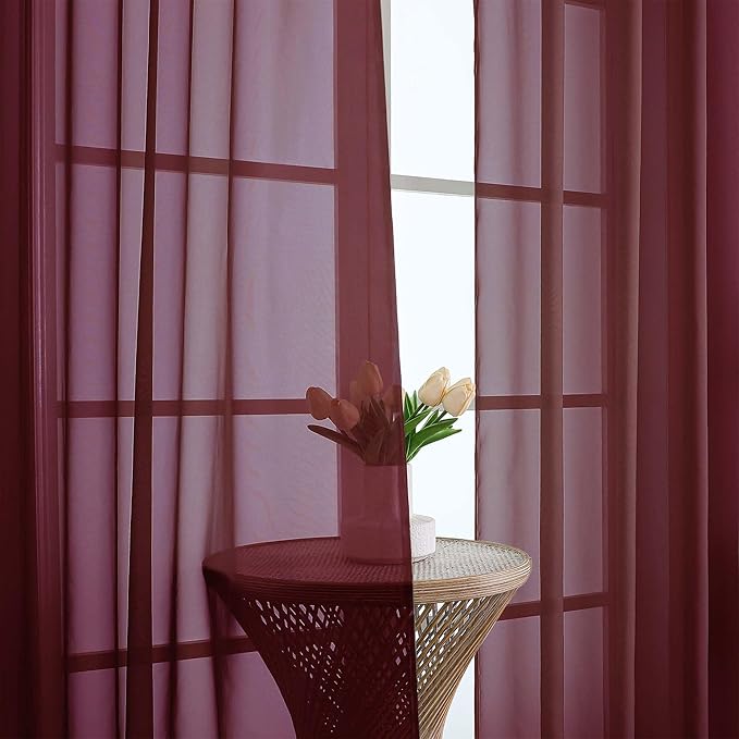 OVZME Burgundy Sheer Curtains 108 Inches Long 2 Panels Set, 59 Inch Extra Wide Lightweight Airy Burgundy Sheer Curtain for Living Room Bedroom, Filmy Voile Rod Pocket, 59Wx108L Inches