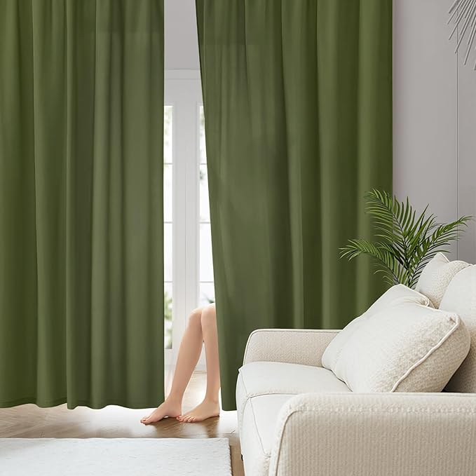 HOMEIDEAS Non-See-Through Olive Green Privacy Sheer Curtains, 52 X 96 Inches Long 2 Panels Sheer Curtains Light Filtering Window Drapes for Bedroom Living Room