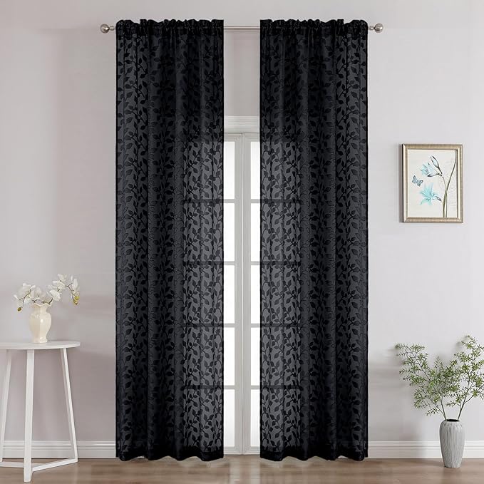 Chyhomenyc Black Sheer Curtains 96 Inch Length 2 Panels Set, Light Filtering Tufted Textured Soft Airy Rod Pocket Gentle Leaf Window Treatment Drapes for Bedroom Living Room, 42" Wx96 L, 2PCS