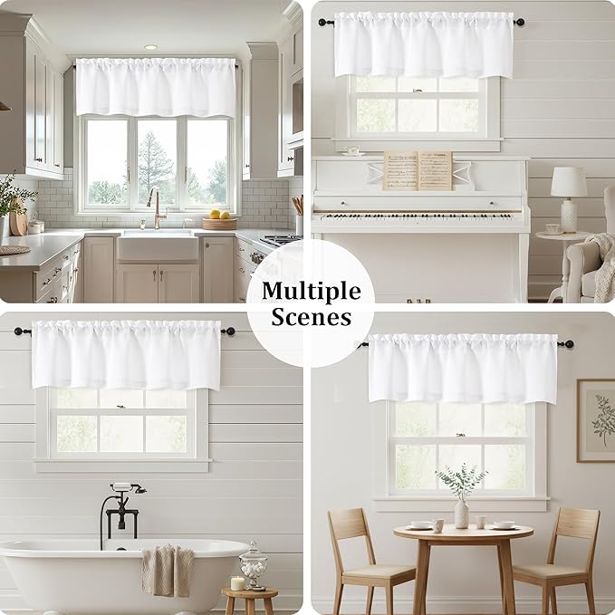 OWENIE White Valances for Windows 1 Pcs, Light Filtering Textured Farmhouse Short Small Valance Curtains for Bathroom Basement Living Room Bedroom, Rod Pocket Half Curtains for Windows, 52Wx12L Inch