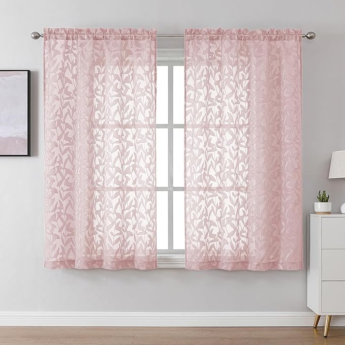 Lecloud Leia Blush Pink Sheer Curtains for Living Room Decor 54 Inch Length 2 Pcs, Rod Pockets Window Curtains for Bedroom, Light Filtering Jacquard Leaf Textured Drapes, Each Panel 42" W x 54" L