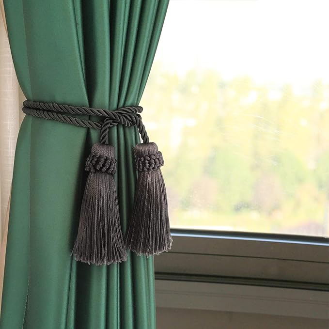 Fenghuangwu Curtain Tiebacks Handmade Decorative Curtain Holdbacks Rope with Tassel (Charcoal, 4P)