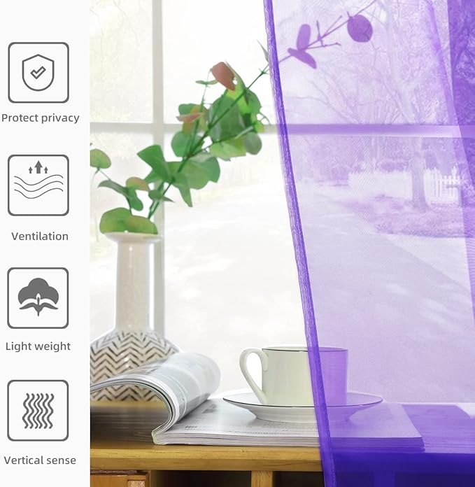 youleyar Solid Sheer Rod Pocket Curtain Voile Draperies 2 Panels White Beige Black Grey Coffee 52 Inch Width 63 Inch Long 1 Pair for Kitchen Bedroom Children Living Room Yard (Purple,52Wｘ63L)