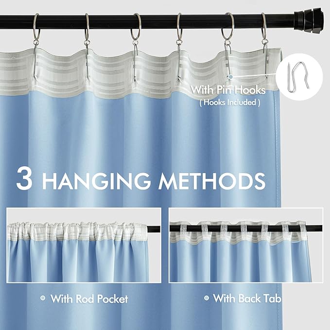 MIULEE Sky Blue Back Tab Blackout Curtains 63 Inch Length 2 Panels Set for Living Room Bedroom Privacy, Rod Pocket/Pinch Pleat Thermal Insulated Room Darkening Pleated Light Blocking Drapes