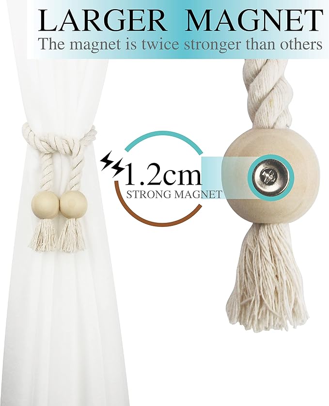 4 Pack Magnetic Curtain Tiebacks Cotton Hand Woven Tie Back Decorative Rope Holdbacks for Curtains Draperies No Tools Required, Beige