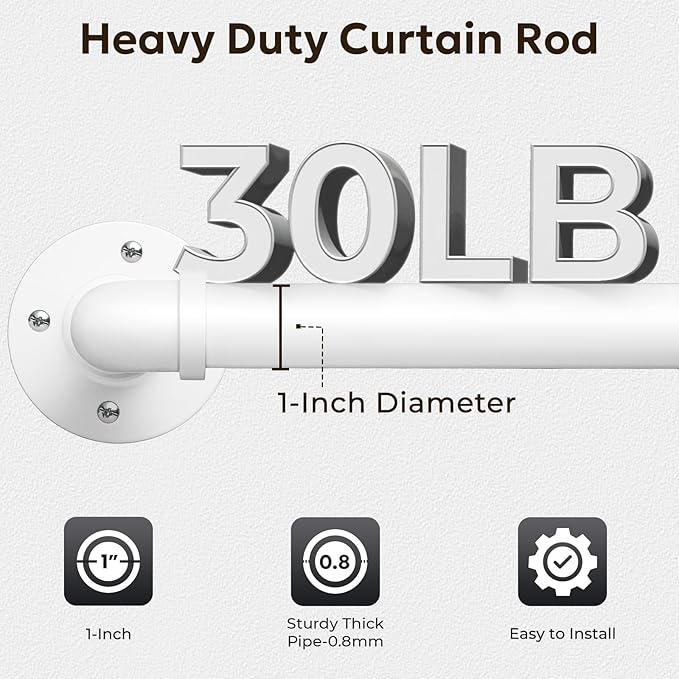 Zeerobee Curtain Rods for Windows 72 to 144, 1 Inch Industrial Wrap Around White Curtain Rod, Indoor/Outdoor Room Divider Adjustable Drapery Pole, 72"-144"