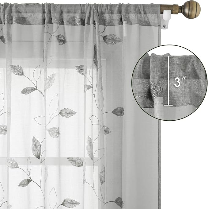 HOMEIDEAS Grey/Gray Sheer Kitchen Curtains 52 x 45 Inch Length 2 Panels Embroidered Leaf Pattern Short Curtains for Bedroom Half Small Window Rod Pocket Tiers