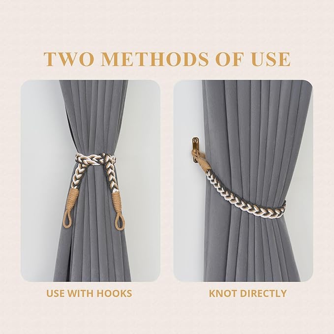 NICEEC 4 Pack Natural Cotton Rope Curtain Tiebacks Elegant Boho Style Decorative Drape Tie Backs Soft Hand-Woven Rope Curtain Holdbacks with Metal Hook for Home & Office Drapery (Grey & Beige)