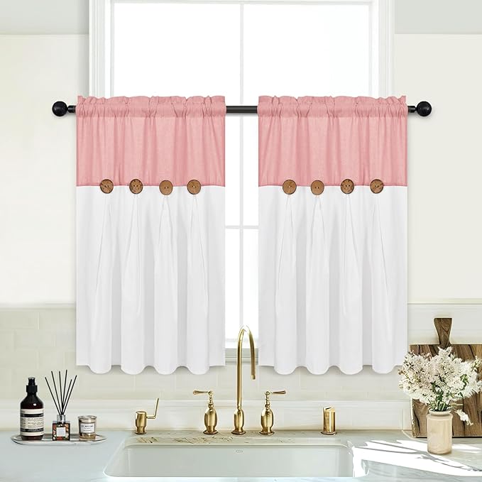 FRAMICS Farmhouse Kitchen Curtains 36 Inch Length, Rustic Cotton Linen Tier Curtains, Boho Button Short Curtain for Windows, Rod Pocket Small Window Curtain, Pink and White, 26x36