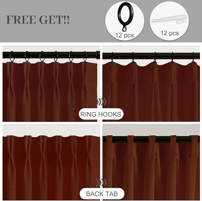 IVAPUPU Extra Long Pinch Pleated Curtains 108 Inch Long for Living Room, Semi Sheer Pinch Pleat Curtain Memory Trained Light Filtering Back Tab Linen Drapes for Bedroom, Chestnut Brown, 2 Panels