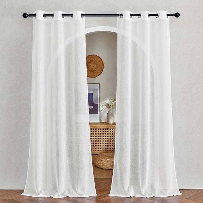 NICETOWN White Sheer Living Room Curtains 96 inches Long, Grommet Semi Sheer Light Filtering Window Treatments Privacy Linen Weave Drapes for Bedroom, W42 x L96, 2 Panels