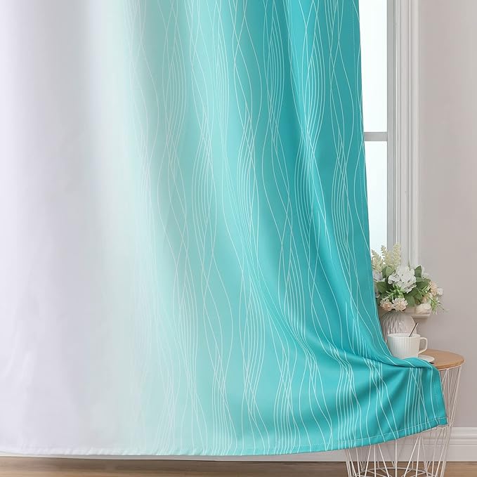 Estelar Textiler Teal and Greyish White Ombre Blackout Curtains 72 Inches Length for Bedroom, Thermal Insulated Light Blocking Grommet Gradient Blackout Drapes for Living Room, 42Wx72L, 2 Panels