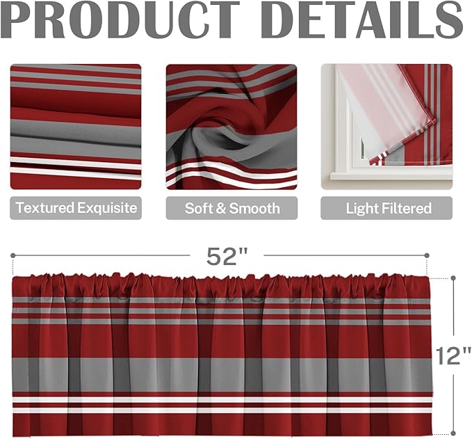 Emvency 2 Pack Valances Window Treatments, Red Grey White Striped Blackout Adjustable for Living Room Bathroom Bedroom Kitchen Over Sink, 52x12 Inch Rod Pocket Valances