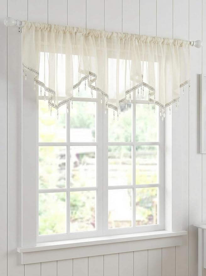 Molaxhome Swag Curtain 51 inch Length Rod Pocket Scalloped Curtain Valance Sheer Lace Panels with Hanging Crystal Beads for Kitchen Bedroom Window Treatments Drape Decor 1pc (Beige, 51Wx23L)