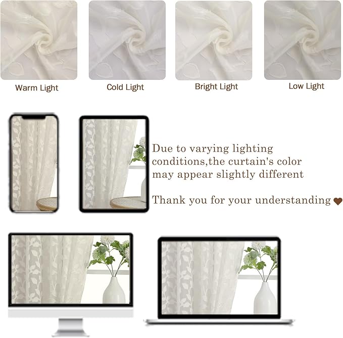 Chyhomenyc Ivory Sheer Valances for Windows 14 Inch Length 2 Pcs, Light Filtering Leaf Textured Cafe Short Kitchen Curtains, Top Small Curtain for Living Room Bedroom Basement, 42" W x 14" L