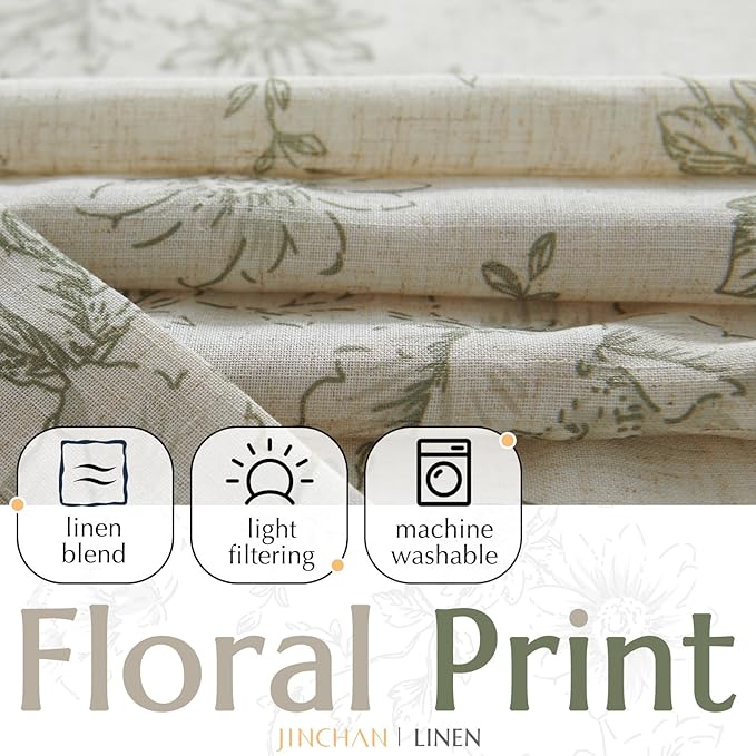 jinchan Linen Blend Floral Curtains for Living Room 90 Inches Extra Long Farmhouse Printed Curtain Back Tab Green Peony Flower Patterned Drapes Bedroom Window Curtains Set 2 Panels