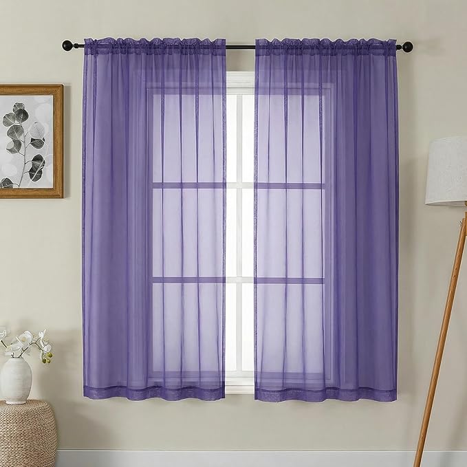Gwine Sheer Curtains 63 Inch Length - Light Filtering Rod Pocket Window Curtain Panels for Bedroom, Elegant Soft Voile Living Room Sheer Drapes, Each 42Wx63L, 2 Panels, Purple