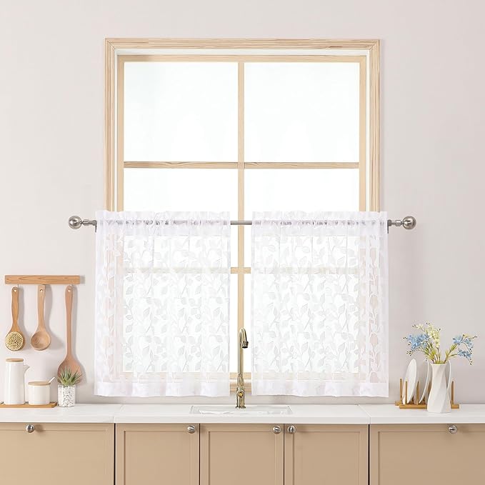 Chyhomenyc White Sheer Curtains 24 Inch Length, Light Filtering Leaf Tufted Textured Small Window Kitchen Curtain Over Sink, Short Half Window Curtains for Bathroom Basement, 30" Wx24 L, 2 Panels