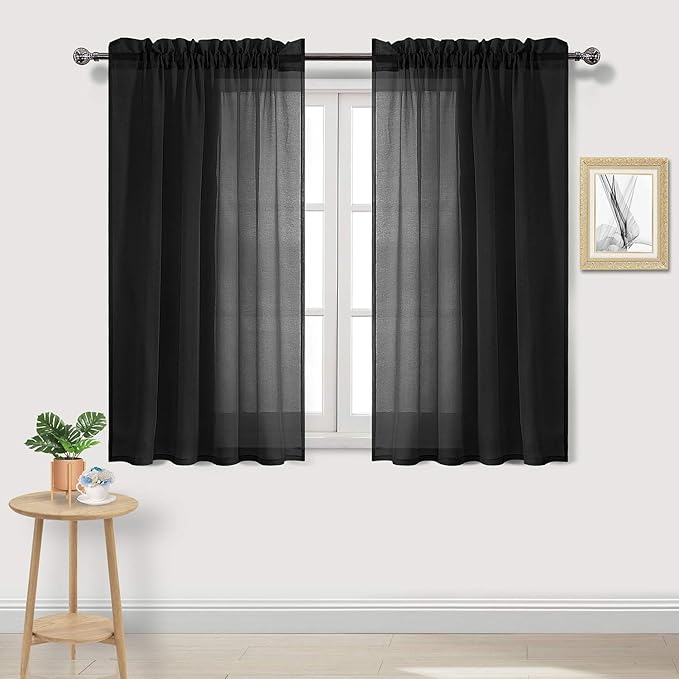 DWCN Black Sheer Curtains Semi Transparent Voile Rod Pocket Curtains for Bedroom and Living Room, 52 x 45 inches Long, Set of 2 Panels