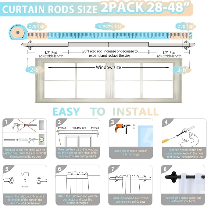 TVWOO 2 Pack Wrap Around Curtain Rods, 28 to 48 Inch, 5/8 Inch Adjustable Blackout Curtain Rod Set, Room Darkening Window Rod, Metal Thicken Hidden Curved Drapery Rod, Matte Black