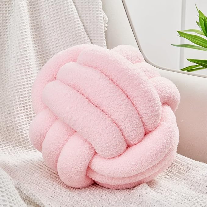 Uvvyui Knot Pillow Ball, Soft Home Decorative Pillows, Round Throw Pillow, Handmade Knotted Plush Pillow, Round Boucle Pillow Cushion (14 Inches Pink)