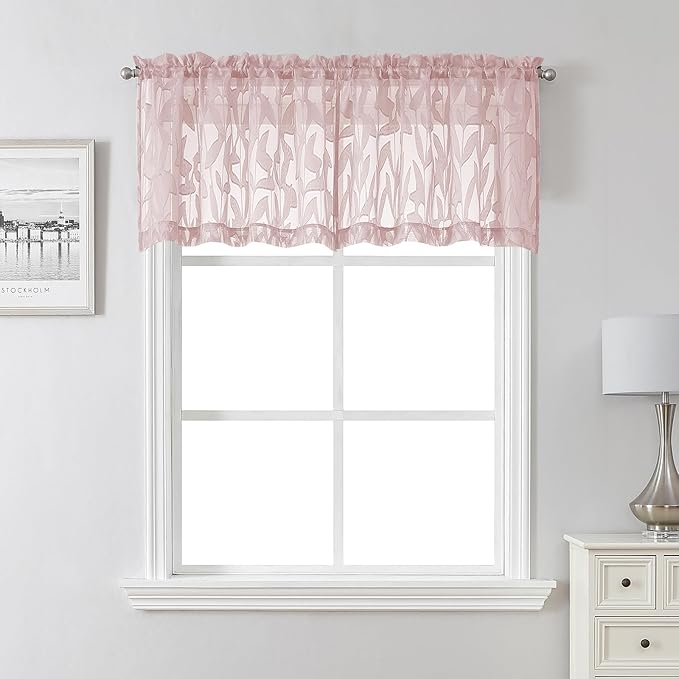 Lecloud Leia Blush Pink Valances for Windows 18 Inch Length 2 Pcs, Dual Rod Pocket Sheer Curtains Kitchen Curtains, Jacquard Leaf Textured Cafe Curtains Drapes for Bathroom, Each Panel 28" W x 18" L