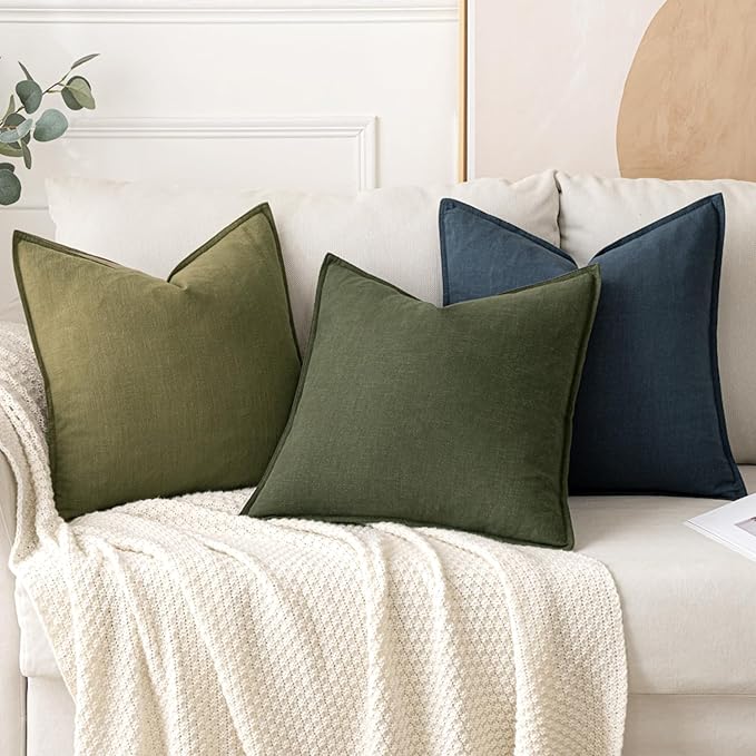 MIULEE Decorative Linen Euro Sham Pillow Covers 22x22 Inch Dark Olive Green Boho Farmhouse Neutral Spring Couch Throw Pillows for Bed Pack of 2 Accent Modern Pillowcase Sofa Livingroom Home Decor