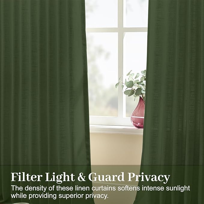 Pinch Pleated Sheer Curtains 84 Inches Long for Living Room, Linen Blend Curtain Rustic Textured Modern Light Filtering Back Tab Drapes with Hook Rings for Bedroom Office, Olive Green, W40xL84