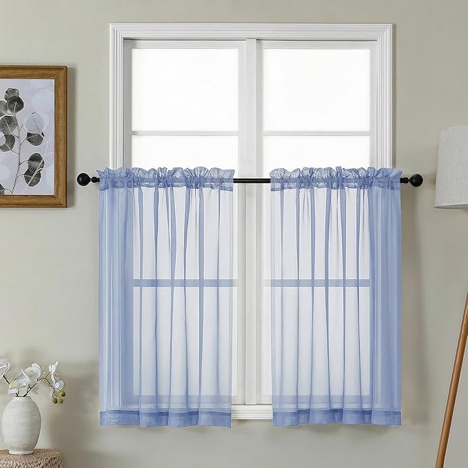 Gwine Denim Blue Sheer Kitchen Curtains 36 Inch Length - Light Filtering Voile Soft Airy Small Cafe Curtains, Short Window Curtain for Bathroom Basement, 42Wx36L inch, 2PCS