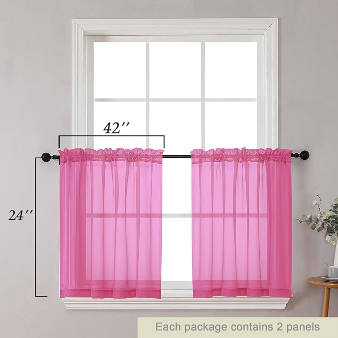 Kitchen Curtains 24 Inch Length Tier 2 Pieces, Hot Pink Sheer Curtain Solid Soft Sheer Short Curtains for Windows, Cafe Bathroom Basement Rod Pocket Drapes, Hot Pink, Each 42" Wx24 L Inches