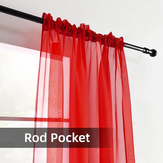 youleyar Solid Sheer Rod Pocket Curtain Voile Draperies 2 Panels White Beige Black Red Coffee 38 Inch Width 63 Inch Long 1 Pair for Kitchen Bedroom Children Living Room Yard(Red,38Wｘ63L)