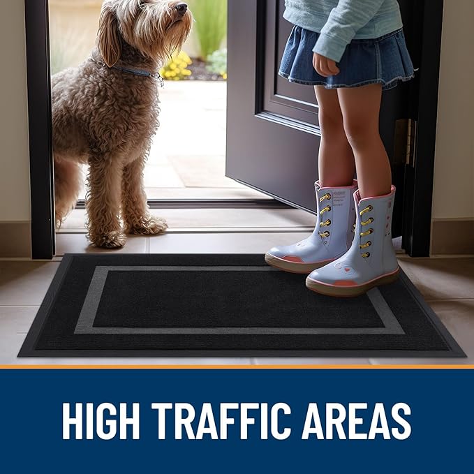 OLANLY Front Door Mat Indoor Outdoor Entrance, Waterproof All-Season, All-Weather Doormat, Sturdy Natural Rubber, Fade Resistant, Low Profile, Easy Clean Patio Porch Entryway Mat, 23.5x15.5, Black
