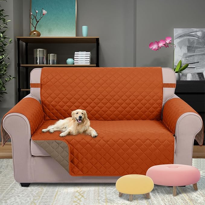 U-NICE HOME Loveseat Sofa Cover Reversible Couch Cover for Dogs with Elastic Straps Water Resistant Furniture Protector for Pets Couch Cover for 2 Cushion Couch (Loveseat, Orange/Taupe)