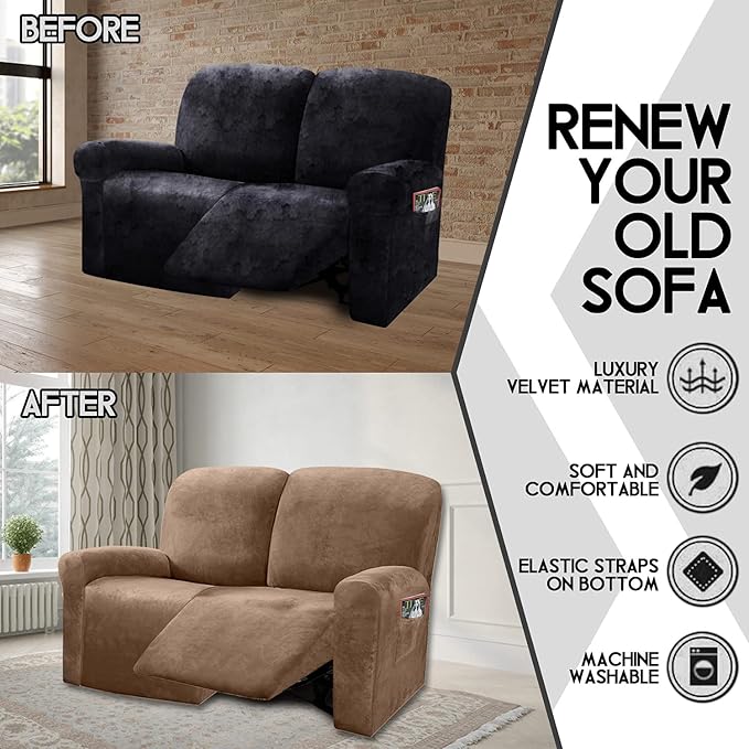 ULTICOR Reclining Love Seat Slipcover, 48" - 65" L, 6-Piece Velvet Stretch Loveseat Reclining Sofa Covers, 2 seat Love seat Recliner Cover, Thick, Soft, Washable (Sand)