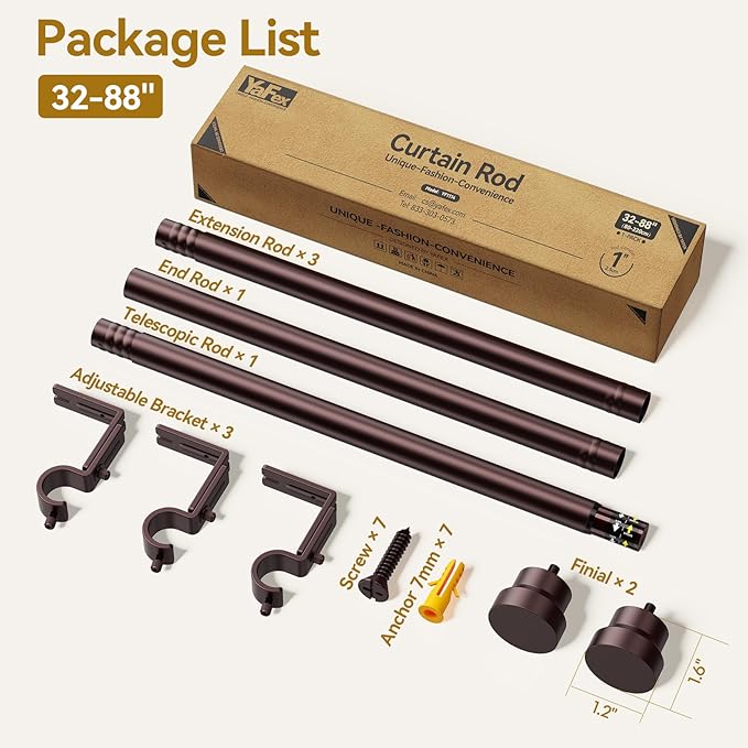 YaFex Curtain Rods 32-84 Inch, Heavy Duty 1 Inch Adjustable Curtain Rod for Windows, Bronze Long Window Treatment Rods, Modern Design, Easy Installation