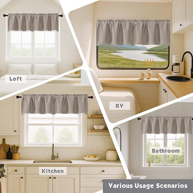 Chyhomenyc Blackout Valances for Windows, Short Window Valance Curtains for Living Room Bedroom Bathroom, Room Darkening Solid Privacy Small Kitchen Valances, 60Wx16L, 2 Pack, Stone