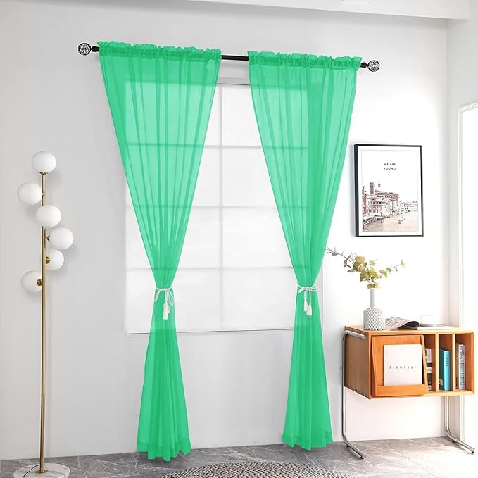 youleyar Solid Sheer Rod Pocket Curtain Voile Draperies 2 Panels White Beige Black Grey Ivory 52 Inch Width 96 Inch Long 1 Pair for Kitchen Bedroom Children Living Room Yard (Grass Green,52Wｘ96L)