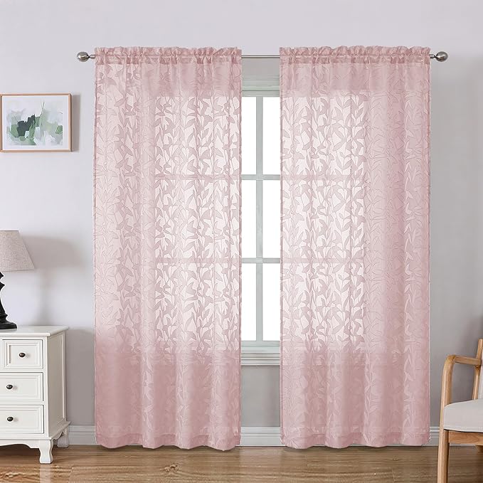 Lecloud Leia Blush Pink Sheer Curtains for Living Room Decor 78 Inches Long 2 Pcs, Jacquard Leaf Textured Light Filtering Modern Bedroom Curtains, Rod Pockets Airy Drapes, Each Panel 42" W x 78" L