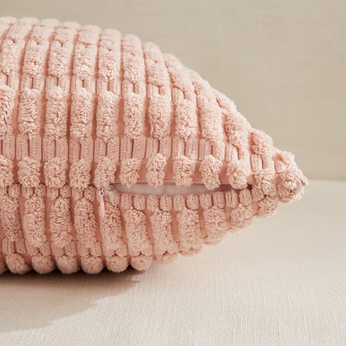 Fancy Homi 4 Packs Blush Pink Decorative Throw Pillow Covers 18x18 Inch for Living Room Couch Bed Sofa, Soft Plush Striped Corduroy Square Light Pink Coral Peach Cream Colorful Cushion Case 45x45 cm