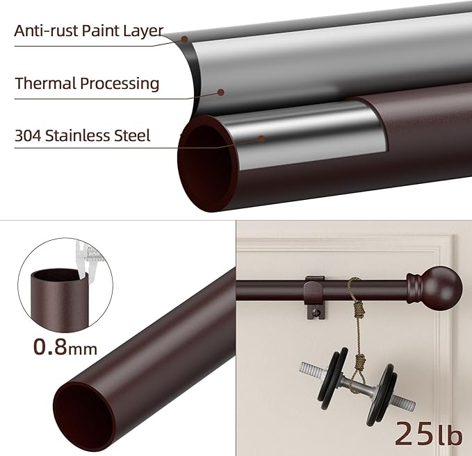 SMODBRODRE Curtain Rods for Window 32 to 120, Brown 5/8 inch Splicing Single Window Curtain Rod Set with Brackets