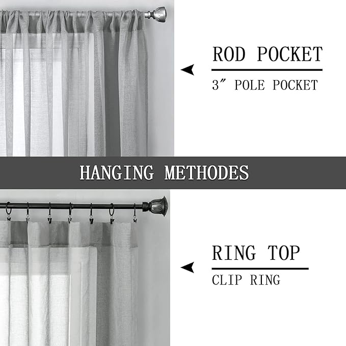 Tollpiz Short Sheer Curtains Living Room Linen Textured Curtain Sheers Light Filtering Voile Rod Pocket Curtains for Bedroom, 38 x 45 inches Long, Silver Grey, Set of 2 Panels