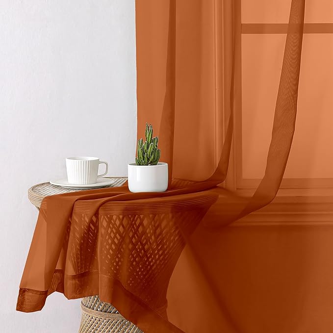 Lecloud Orange Sheer Curtains 63 Inch Length 2 Panels Set, Window Curtains for Bedroom, Voile Solid Light Filtering Living Room Drapes with Rod Pocket, Each Panel 42 X 63 Inch
