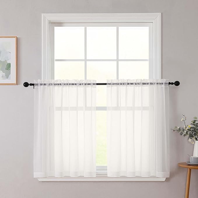 Ivory Kitchen Curtains 30 Inch Length Tier 2 PCS, Solid Soft Airy Half Curtains for Windows, Ivory Sheer Rod Pocket Drapes for Bathroom Basement Small Window, 42" Wx30 L Inches