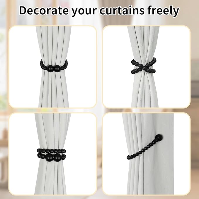Magnetic Curtain Tiebacks, 4 Pack Curtain Holdbacks for Draperies, Wood Bead Curtain Tiebacks, Elegant Curtain Tie Backs for Bedroom Decor, Boho Room Decor, Nursery Decor, Farmhouse Decor