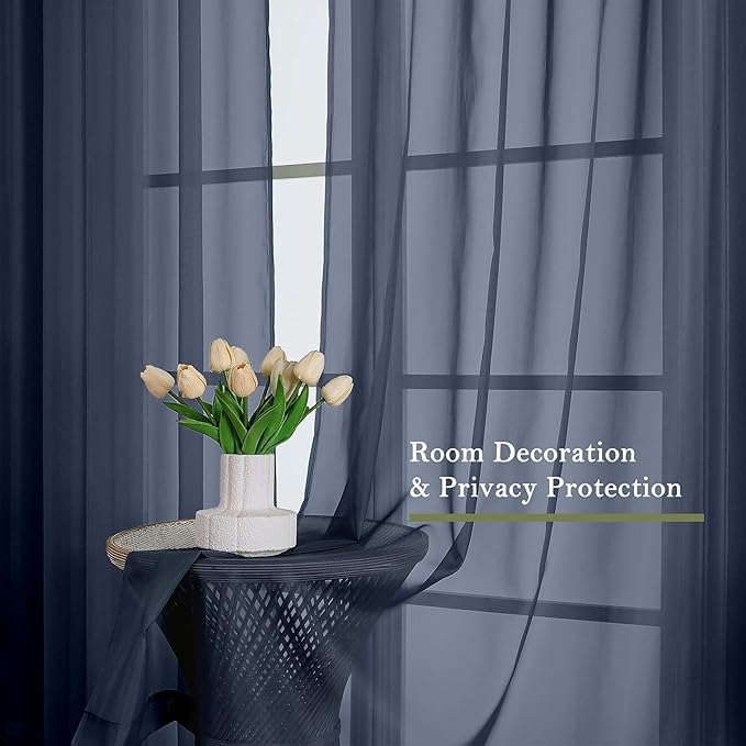 Lecloud Navy Blue Sheer Curtains for Living Room Decor 84 Inches Long 2 Pcs, Light Filtering Airy Voile Bedroom Curtains, Window Treatments Rod Pocket Drapes for Dining Room, Each Panel 59" W x 84" L