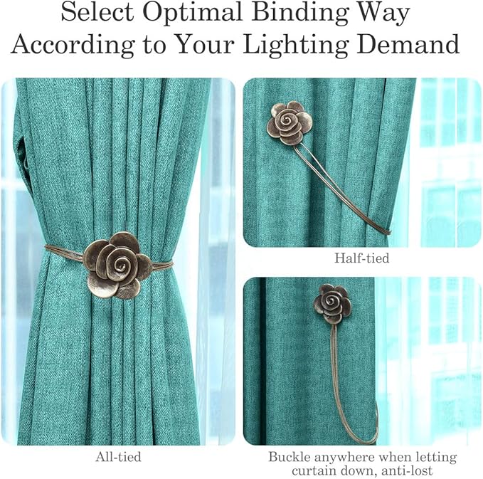 Lewondr Magnetic Curtain Tiebacks, Vintage Curtain Holdbacks, Resin Flower Curtain Ties with Rope Drapery Retro Window Curtain Decorative Buckle Holder for Outdoor, Home, and Cafe Balcony - Bronze