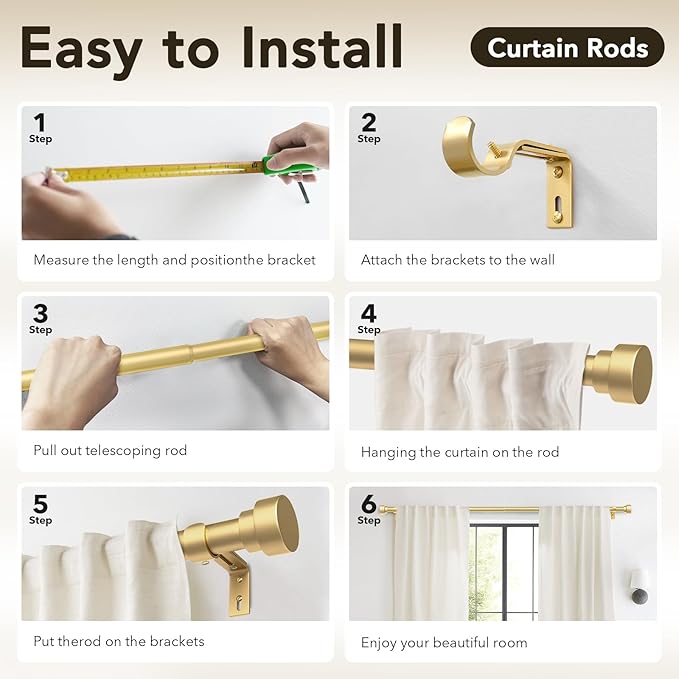 IFELS Heavy Duty Curtain Rods for Windows 28 to 48 Inch, 1 Inch Adjustable Gold Curtain Rod with Easy Installation and Modern Design (A1,Gold,30-60")
