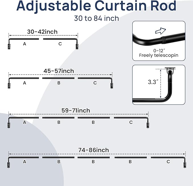ENJOYBASICS Blackout Curtain rod for windows 48 to 84, 5/8 in Wrap Around Curtain Rods for Bedroom, Living Room, Adjustable from 30 to 86 Inches, Matte Black