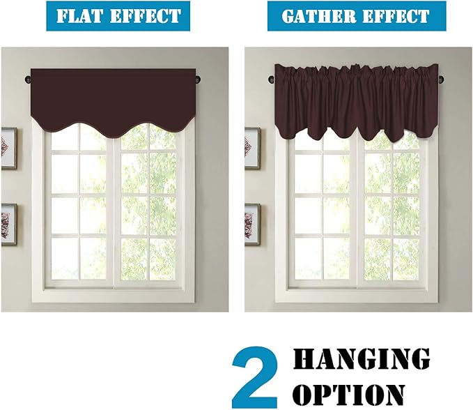 H.VERSAILTEX 4 Panels Blackout Curtain Valances for Kitchen Windows/Living Room/Bathroom Privacy Protection Rod Pocket Decoration Scalloped Window Valance Curtains, 52" W x 18" L, Chocolate Brown